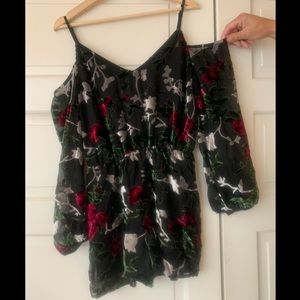 Off-shoulder Velour Floral Romper